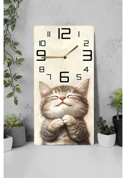 Sevimli Kedi Temalı Mdf Dikdörtgen Duvar Saati – 30X60 cm Uv Baskı– USD080