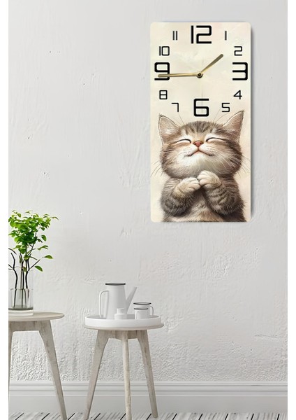 Sevimli Kedi Temalı Mdf Dikdörtgen Duvar Saati – 30X60 cm Uv Baskı– USD080