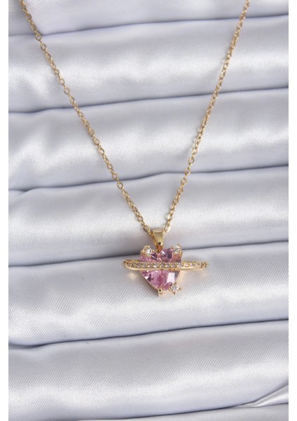 Bfs 316L Çelik Gold Renk Zincir Pembe Kristal Kalp Model Zirkon Taş Detay Kadın Kolye