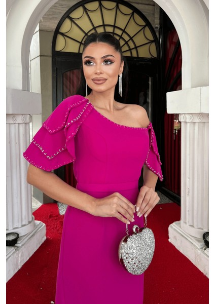 Krep Kumaş Omuz Detaylı Mini Elbise - Fuşya modelleri