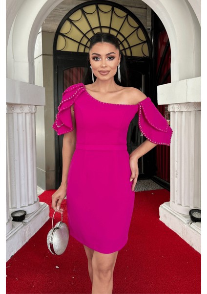 Krep Kumaş Omuz Detaylı Mini Elbise - Fuşya fırsatları