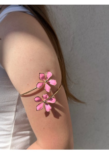 Gold Pembe Çiçek Detaylı Paslanmaz Çelik Ayarlanabilir Kadın Pazu Bileklik Kol Kelepçesi Armcuff