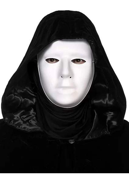 Bfs Siyah Kapüşonlu 120 cm Pelerin ve Beyaz Boyanabilir Tam Yüz Maske