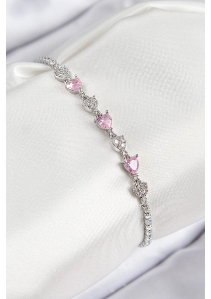 Bfs Pirinç Zirkon Taşlı Pembe Kalp Model Gümüş Renk Kadın Bileklik