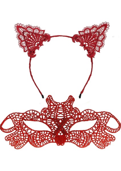 Bfs Ateş Kırmızısı Dantel Taç ve Maske Seti 10 No - Maskeli Balo &amp; Özel Gün Seti