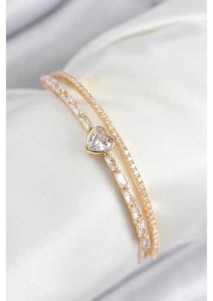 Bfs Pirinç Zirkon Taşlı Kalp Model Gold Renk Kadın Bileklik