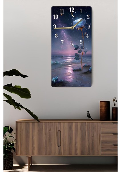 Mdf Dikdörtgen Saat – Mavi Gül ve Gece Manzarası Temalı, 30X60 Cm– USD085 fiyatları