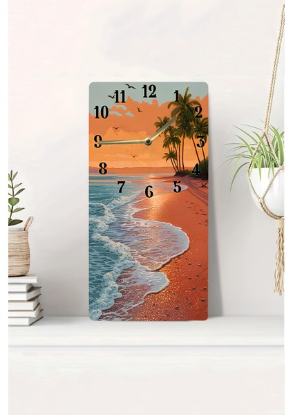 Tropikal Sahil Manzaralı Mdf Dikdörtgen Duvar Saati 30X60 cm Uv Baskı – USD076