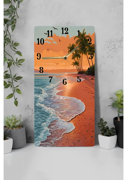 Tropikal Sahil Manzaralı Mdf Dikdörtgen Duvar Saati 30X60 cm Uv Baskı – USD076