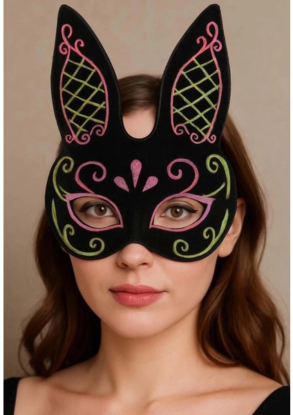 Bfs Siyah Renk Pembe Gold Simli Siyah Süet Kaplama Tavşan Maskesi 18X16 cm modelleri