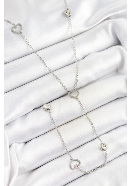 Bfs 316L Çelik Zirkon Taşlı Kalp Figürlü Y Model Gümüş Renk Kadın Kolye