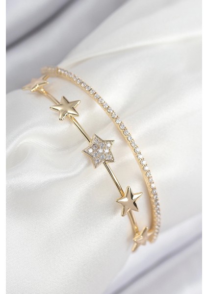 Bfs Pirinç Zirkon Taşlı Yıldız Model Gold Renk Kadın Bileklik