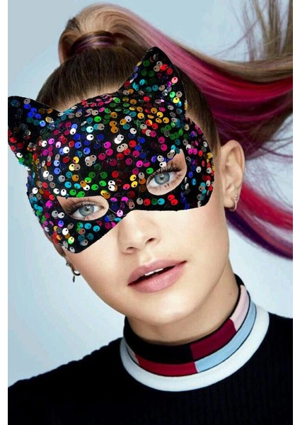 Bfs Siyah Kadife Kumaş Üzerine Rengarenk Payetli Pullu Parti Maskesi 16X14 cm