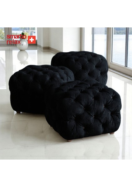 Swiss Style Puf Zinal Ayaksız Kapitoneli Kare 45x45 cm baby face Dekoratif Kapitoneli Dekoratif puf(Siyah)