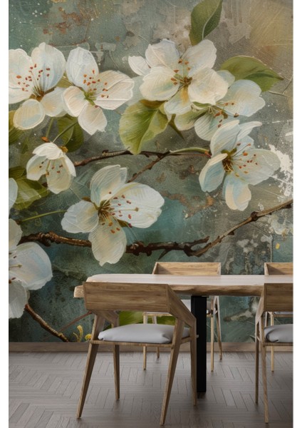 Soyut Beyaz Çiçek Desenli Duvar Kağıdı