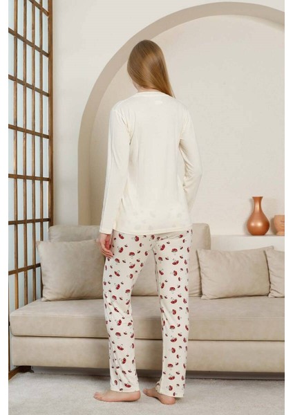 Kadın V Yaka Düğmesiz Mantar Desenli Likralı Viskon Mevsimlik Uzun Kol Pijama Takımı