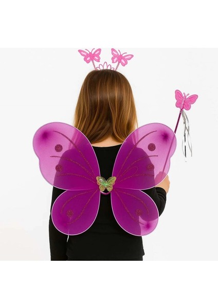 Bfs Fuşya Kelebek Kız Seti – 50 cm Kelebek Kanadı, Taç ve Asa