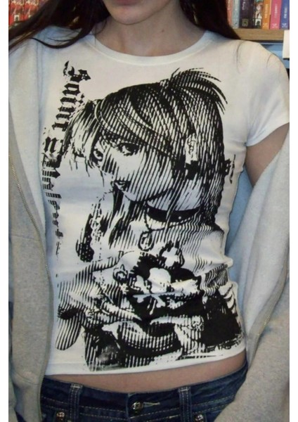 Beyaz Vintage Anime Misa Amane Saint Gotik Y2K Kısa Kollu Crop