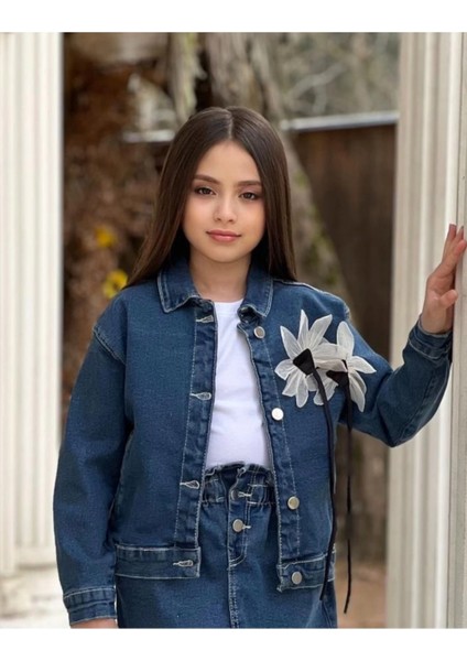 Kız Çocuk Üç Boyutlu Çiçek Aksesuarlı Kot Ceket-Jeans Ceket