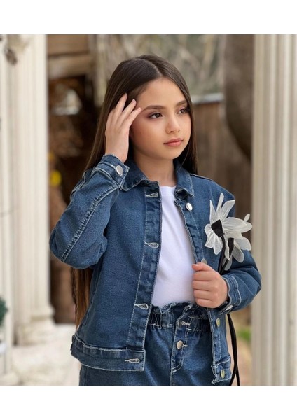 Kız Çocuk Üç Boyutlu Çiçek Aksesuarlı Kot Ceket-Jeans Ceket modelleri