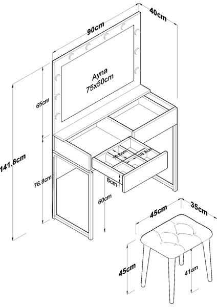 BJ164 Hollywood Işıklı Aynalı Kulis Makyaj Masası Cam Tablalı 2 Çekmeceli Takı Düzenleyici Puf Takım Beyaz fiyatları
