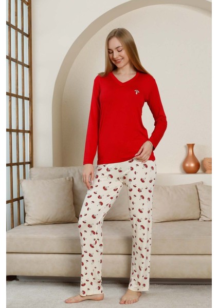 Kadın V Yaka Düğmesiz Mantar Desenli Likralı Viskon Mevsimlik Uzun Kol Pijama Takımı fırsatları