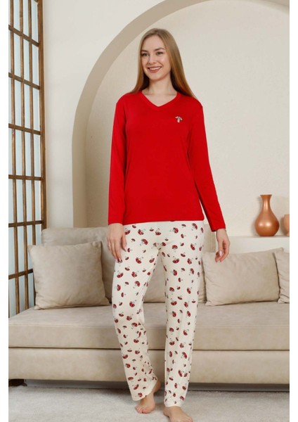 Kadın V Yaka Düğmesiz Mantar Desenli Likralı Viskon Mevsimlik Uzun Kol Pijama Takımı indirimleri
