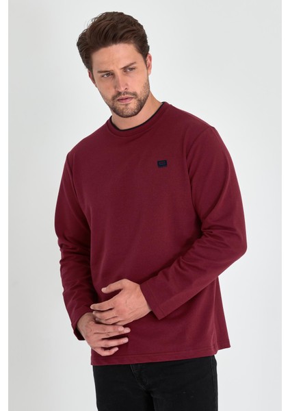 Erkek Bordo Çift Bisiklet Yaka Baskı Detaylı Standart Rahat Kesim Sweatshirt CMRE72