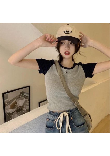 Siyah Raglan Kollu Gri Melanj Basic Kısa Kollu Crop fiyatları