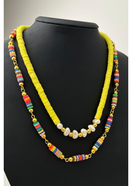 Inci Detaylı Renki Ikili Fimo Kolye (Ölçü:43+5 Cm)