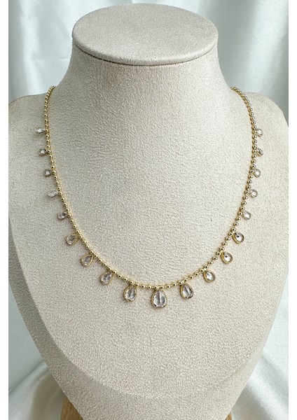 Altın Rengi Oval Taş Sıralı Zarif Kolye (45CM)