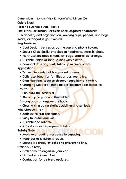 Bfs Araç Koltuk Arkası Organizer Bardak Telefon Tutucu