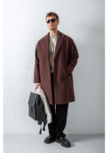 Erkek Oversize Uzun Italyan Kaşe Kaban Koyu Kahve modelleri