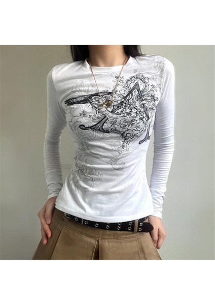 Beyaz Vintage Punk Patterned Uzun Kollu Crop
