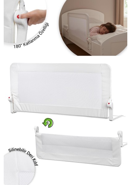 Premium 120X65 cm Deri Kılıflı Yatak Bariyeri, Katlanır Yatak Korkuluğu, Beyaz