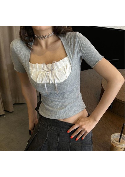 Gri Melanj Ispanyol Kol Kurdeleli Dantel Yaka Kısa Kollu Crop