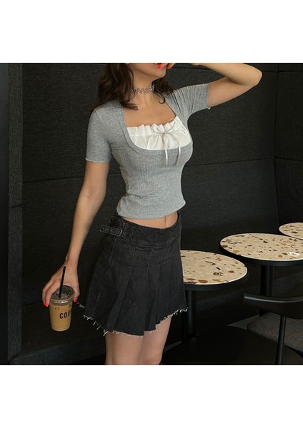 Gri Melanj Ispanyol Kol Kurdeleli Dantel Yaka Kısa Kollu Crop modelleri