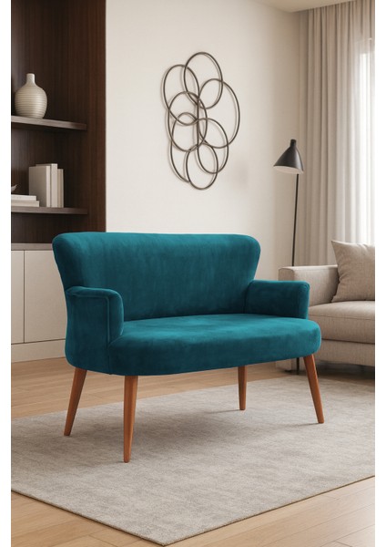 - Roma Modern Ikili Koltuk Kanepe - Babyface Kumaş - Düğmesiz - Ahşap Ayak - Petrol