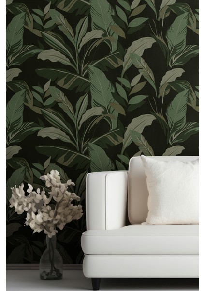 Koyu Yeşil Tropikal Yaprak Desenli Duvar Kağıdı