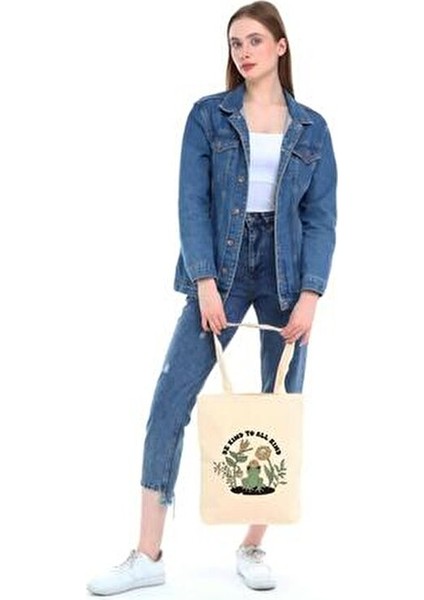 Çınar Krem Renkli Kanvas Bez Çanta Be Kind To All Kind 35x40x8 cm Alışveriş Torbası modelleri