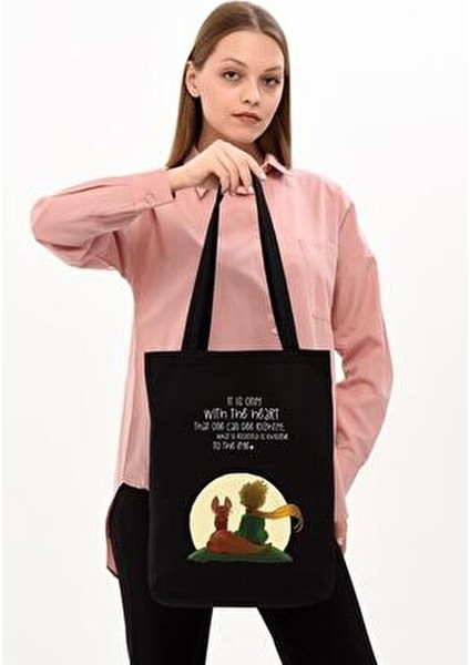 Çınar Little Prince Baskılı Siyah Kanvas Alışveriş Çantası 35x40 cm %100 Doğal Pamuk fiyatları