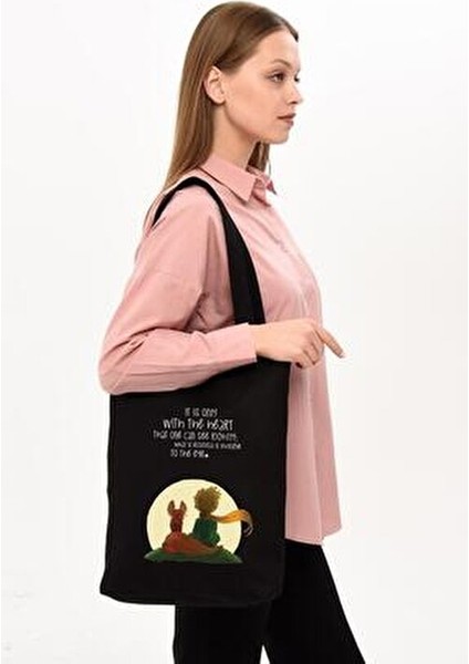 Çınar Little Prince Baskılı Siyah Kanvas Alışveriş Çantası 35x40 cm %100 Doğal Pamuk fırsatları