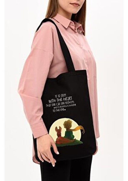 Çınar Little Prince Baskılı Siyah Kanvas Alışveriş Çantası 35x40 cm %100 Doğal Pamuk indirimleri