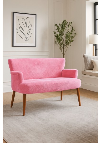 - Roma Modern Ikili Koltuk Kanepe - Welsoft Yumuşak Kumaş - Ahşap Ayak - Pembe