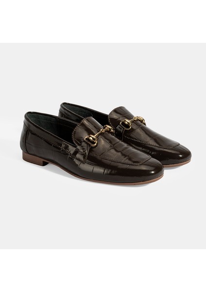 Kadın Kahve Kroko Baskılı Toka Detaylı Deri Loafer