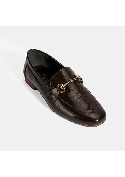 Kadın Kahve Kroko Baskılı Toka Detaylı Deri Loafer indirimleri
