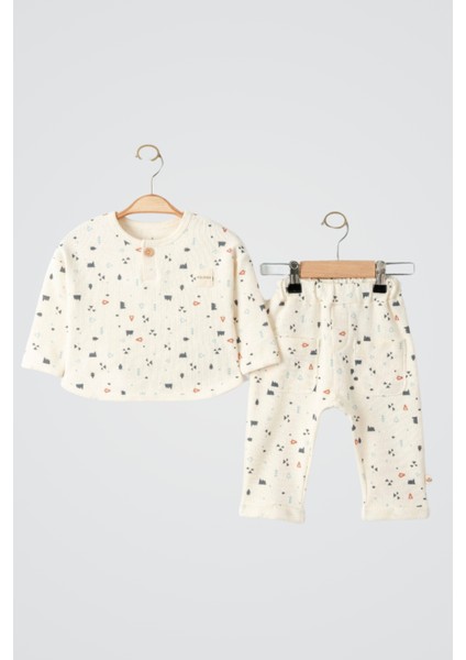 Geometrik Waffle Erkek Takım - Ekru