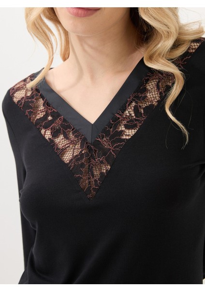 Siyah Dantel Detaylı Kadın Pijama Takımı – V Yaka, Uzun Kollu C3T0N915 fiyatları