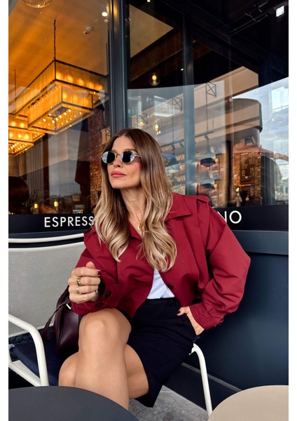 Bordo Pile Detaylı Astarlı Ceket