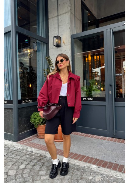 Bordo Pile Detaylı Astarlı Ceket modelleri